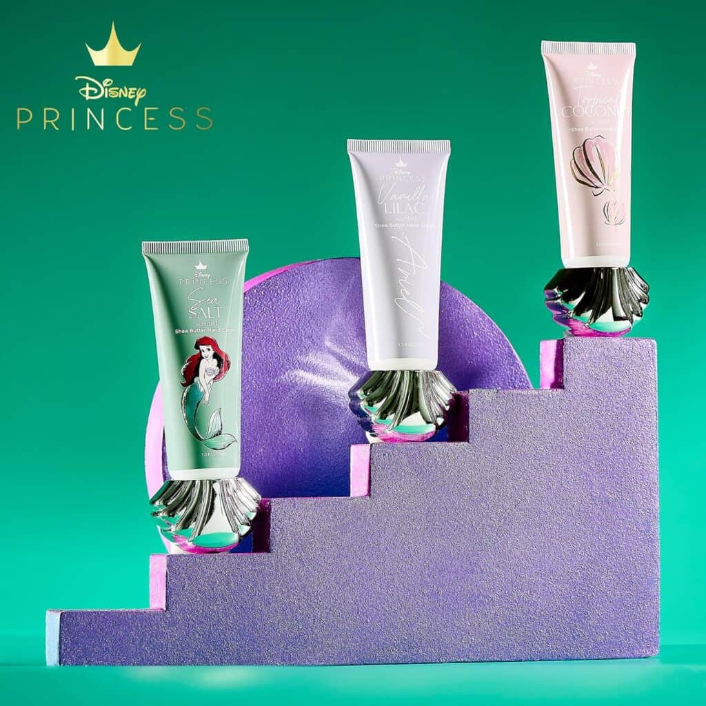 Mermaid and shell-themed Disney Princess Shea Butter Hand Creams in colorful packaging, ideal for Disney fans and skincare lovers.