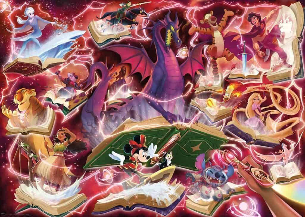 Disney characters flying among open books with magic energy.
