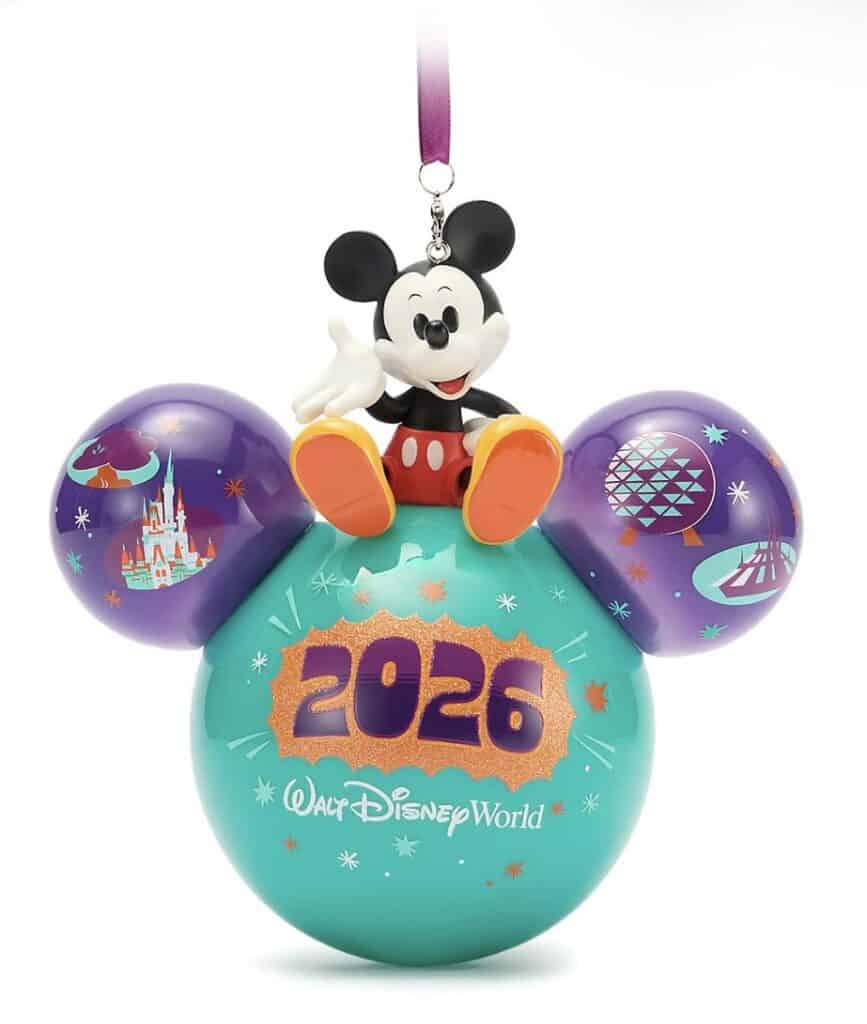 Colorful Disney Mickey Mouse 2026 Disney World ornament with iconic theme park designs.