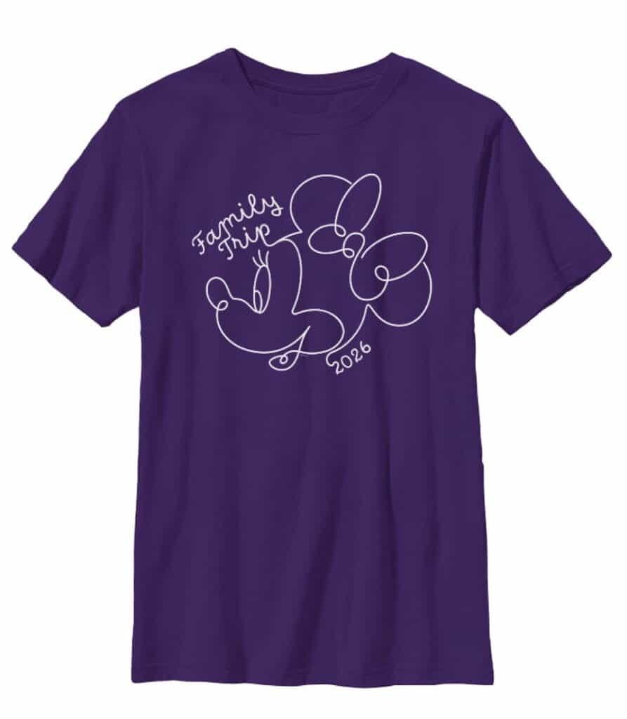 Purple Disney family trip T-shirt with Minnie Mouse outline design, 2026 vacation graphic.