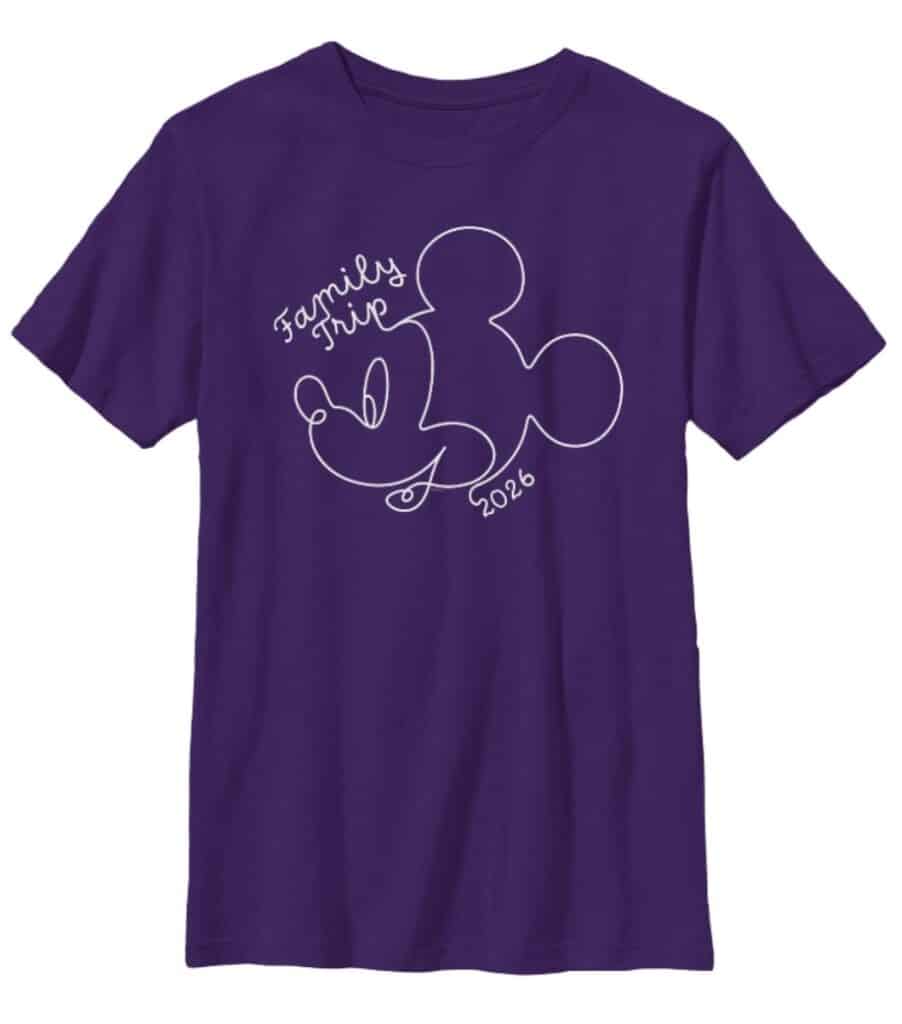Purple Disney family trip T-shirt with Mickey Mouse outline design, year 2026, perfect for Disney fans.