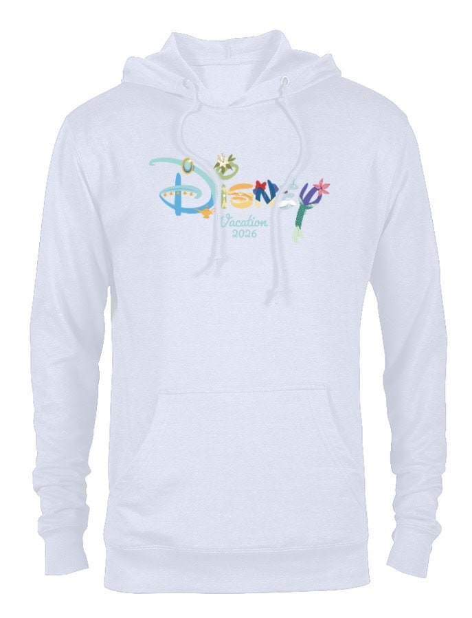 Colorful Disney vacation hoodie with "Disney Vacation 2026" text and playful design.