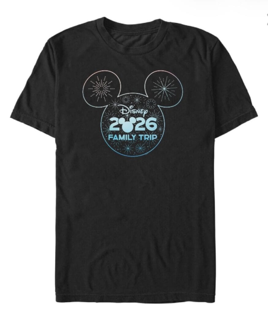 Black Disney T-shirt featuring a 2026 family trip theme with Mickey Mouse silhouette and colorful fireworks graphics.