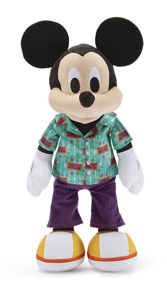 Mickey Mouse plush toy wearing colorful Hawaii shirt, purple pants, and sneakers, perfect for Disney fans.