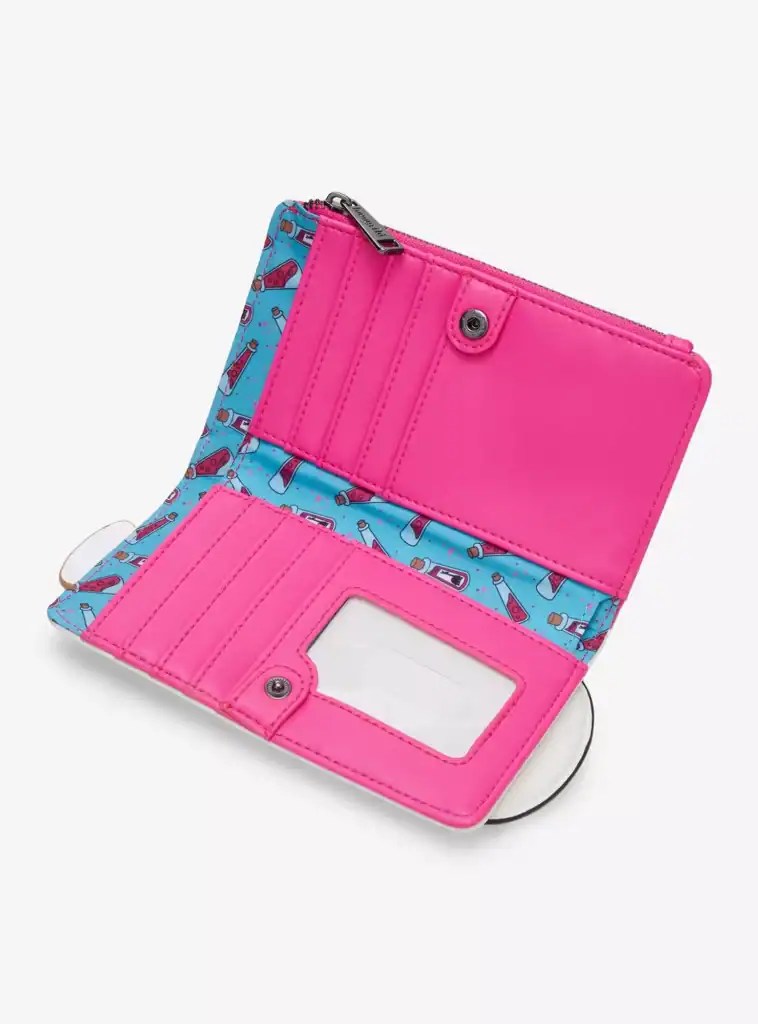 Vibrant Disney wallet featuring pink and blue cartoon print, ideal for Disney fashion lovers and accessories collection.