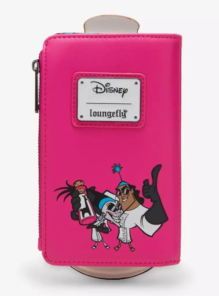 Vibrant pink Disney Loungefly phone wallet with villain characters graphic, perfect for Disney fans.