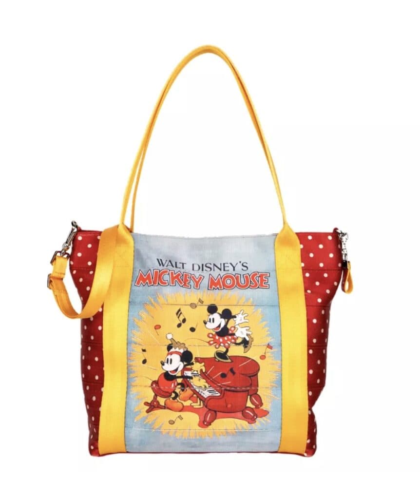 A colorful Disney Mickey Mouse tote bag with polka dots and vintage cartoon illustration of Mickey and Minnie Mouse, perfect for Disney fans.