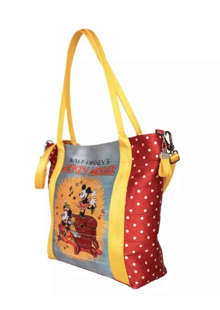 Bright red and yellow Mickey Mouse tote with polka dots, perfect for Disney fans.