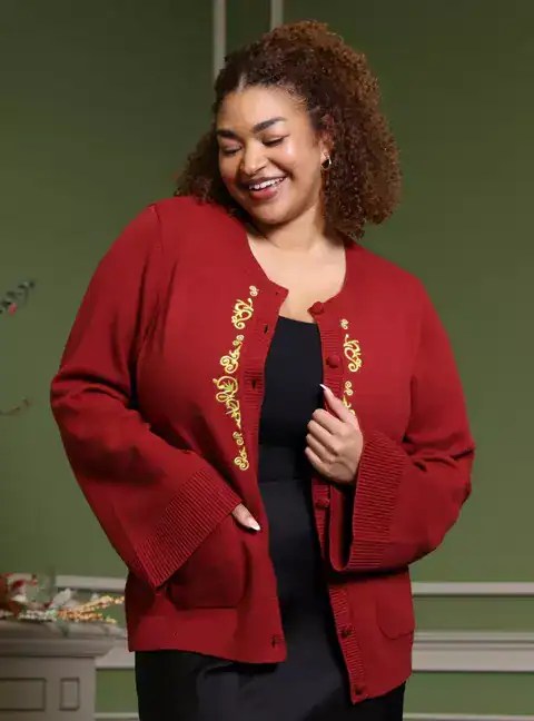 Festive red sweater with gold embroidery, perfect for holiday Disney fans.
