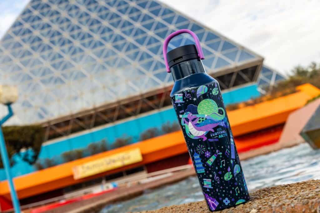 Water bottle features Disney Festival design, ideal for Disney fans, collectors, and outdoor activities.