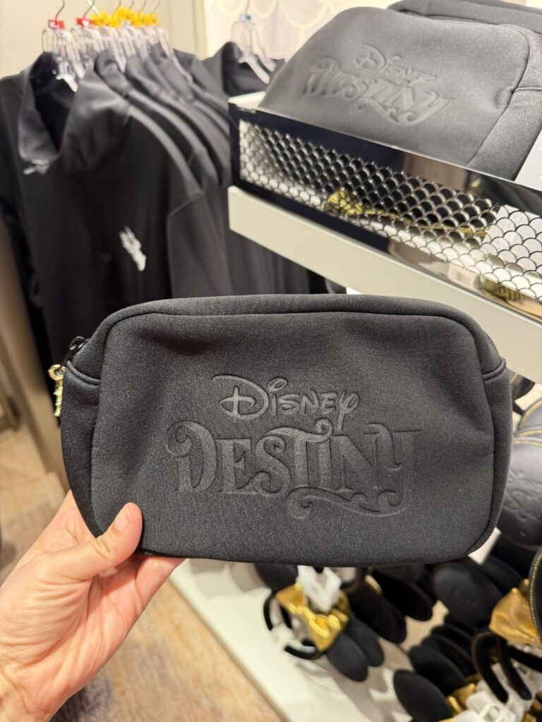 Disney Destino logo embroidered on black fabric bag, stylish and practical Disney fashion accessory.