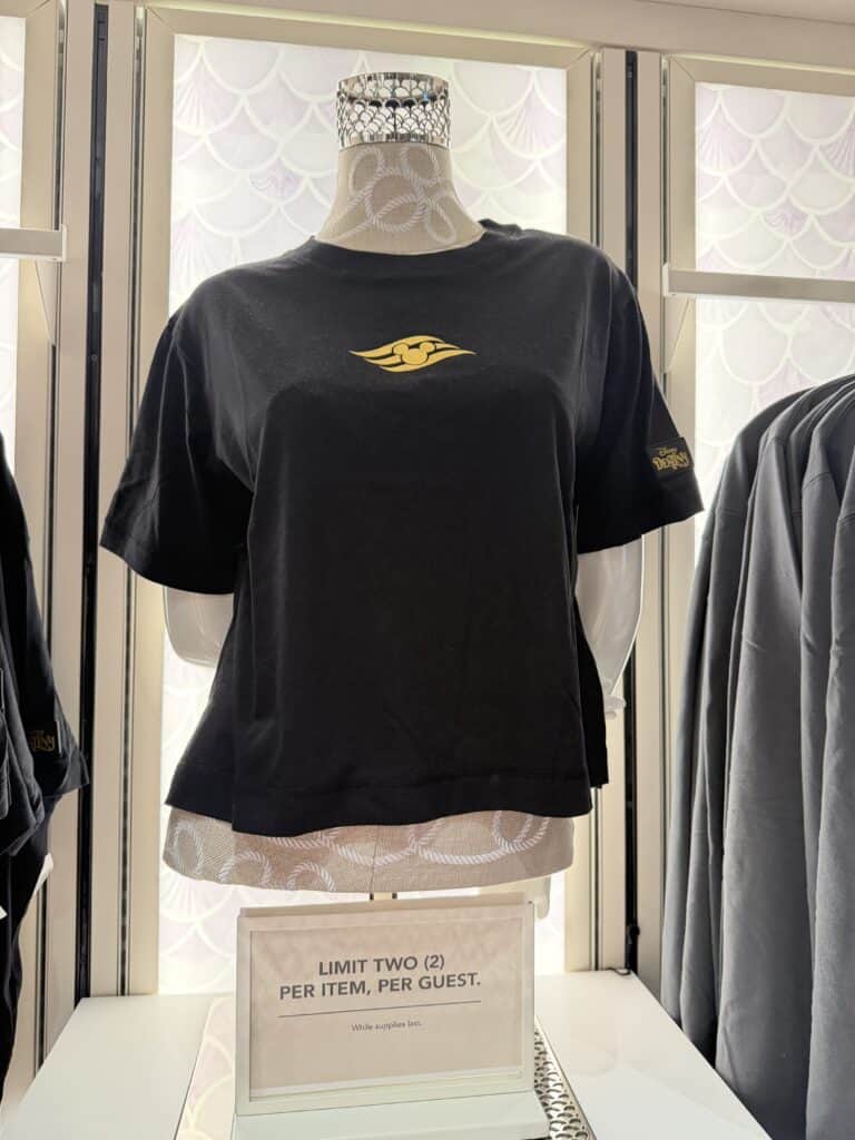 Disney-themed black T-shirt with gold logo, collectible apparel for Disney fans and fashion enthusiasts.