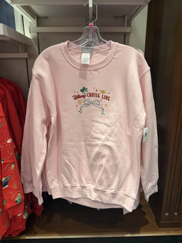 Pink Disney Cruise Line sweatshirt featuring festive holiday embroidery and cozy comfort.