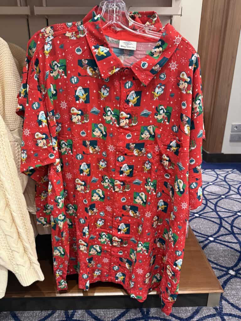 Bright red Disney-themed holiday shirt with Mickey and friends print.