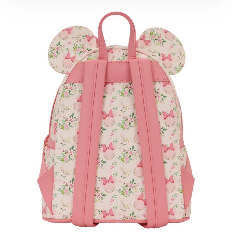 Lovely pink Disney backpack featuring floral and butterfly pattern, ideal for girls and Disney lovers.