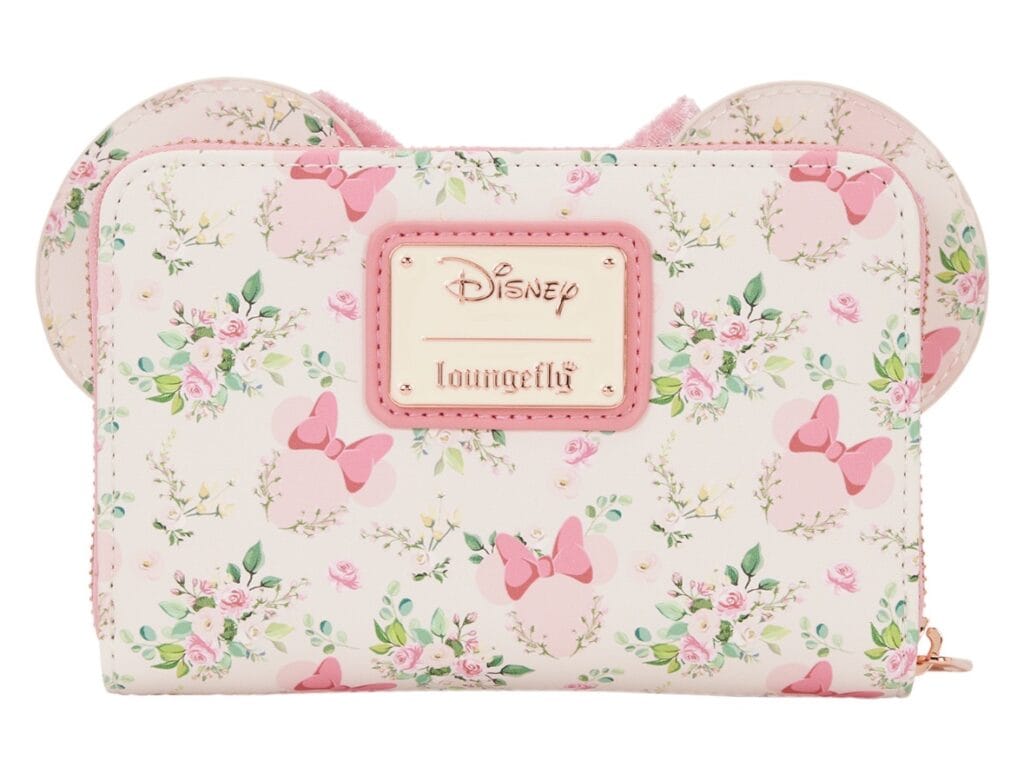 Stylish Disney Loungefly purse featuring pink floral and butterfly pattern with Minnie Mouse ears design.