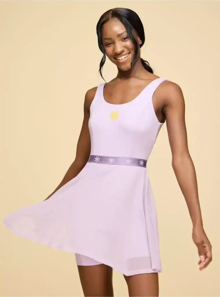 Vibrant Disney Princess Tiana-inspired dress with sun and crown motifs, perfect for fans and cosplay.