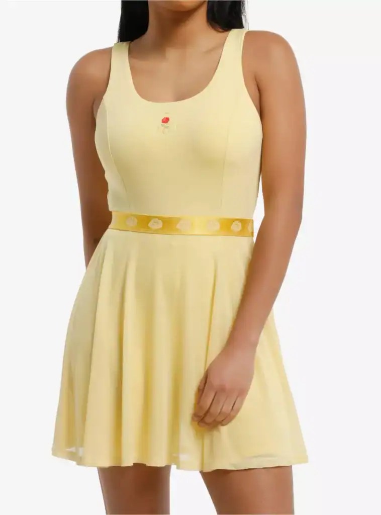 Bright yellow vintage-inspired dress with embroidered rose and floral belt.