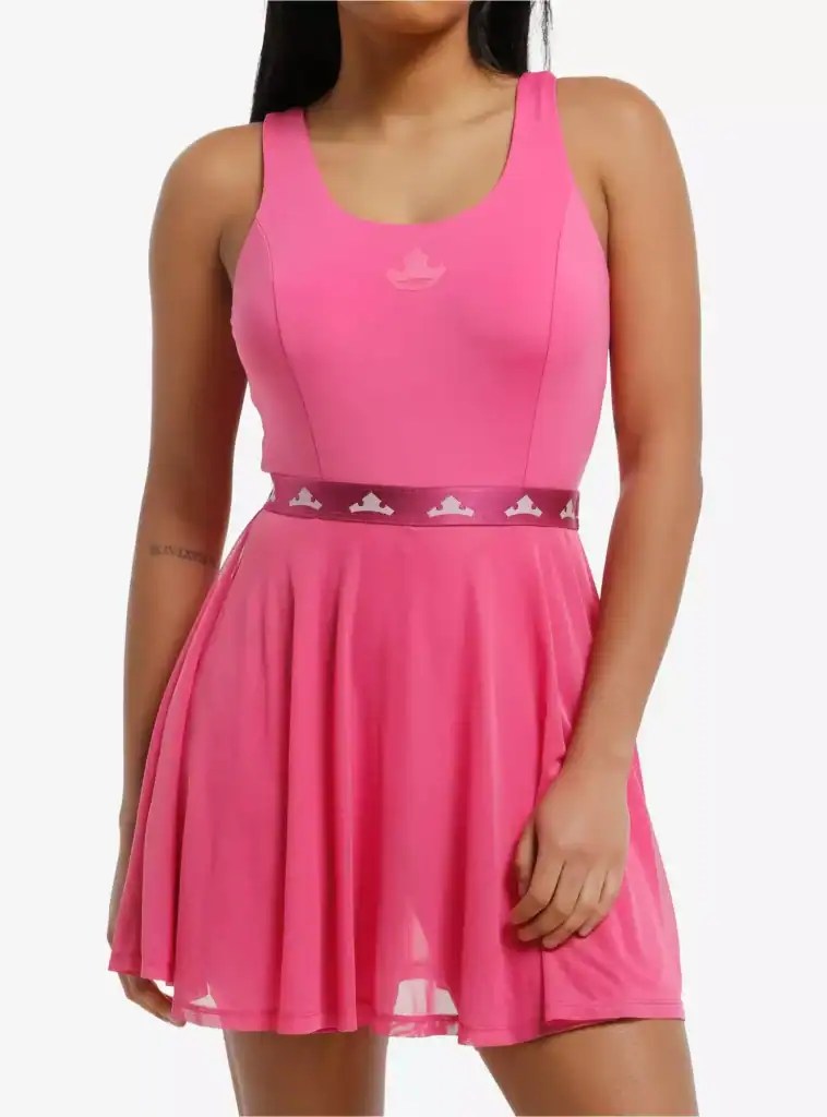 Bright pink Disney-themed girls dress with crown logo and flowing tulle skirt, perfect for special occasions.