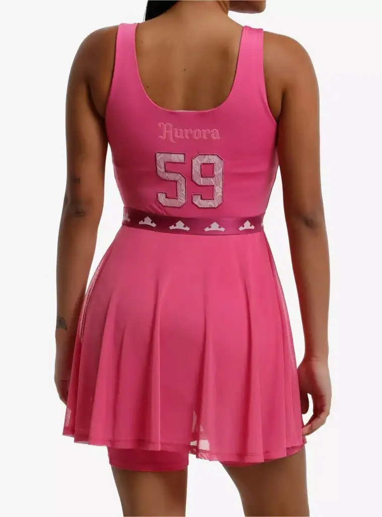 Bright pink Disney cheerleader dress featuring Aurora embroidery and a fun, youthful design.