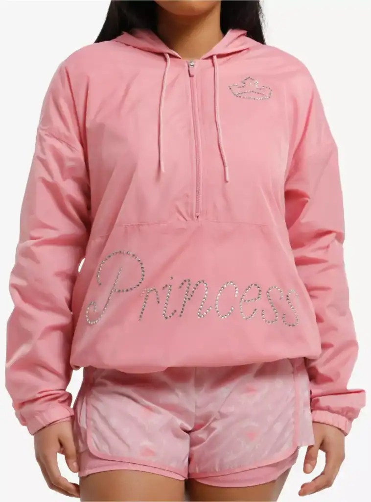 Pink Disney Princess sweatshirt with rhinestone "Princess" lettering, crown design, and hood, perfect for Disney fans.