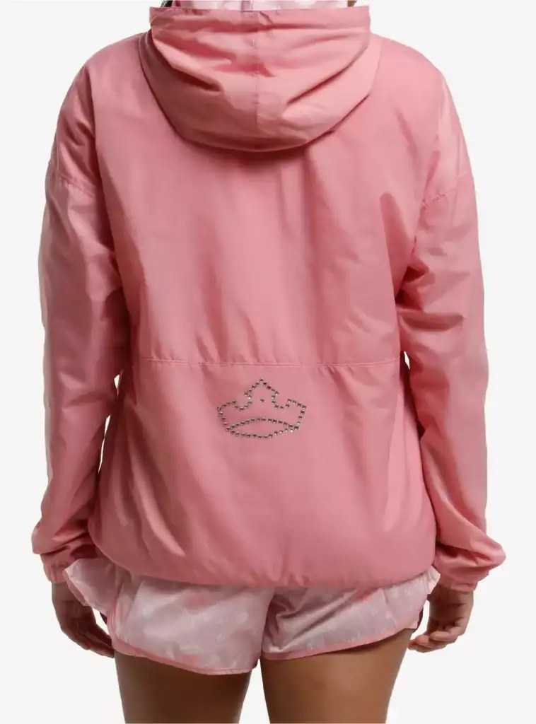 Pink Disney princess jacket with rhinestone crown embellishment, perfect for Disney fashion fans.