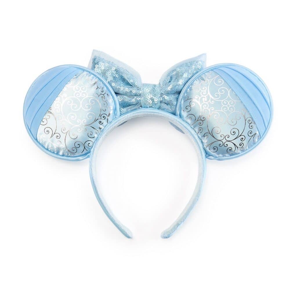 Mickey Mouse ears headband with blue satin and glittery bow, perfect Disney costume accessory for kids and adults.