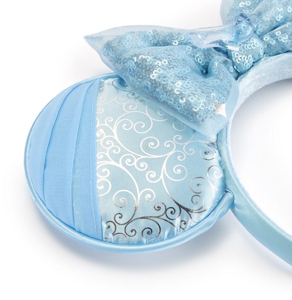 Disney Cinderella headband with elegant blue satin, sequins, and bow, ideal for Disney-themed fashion.