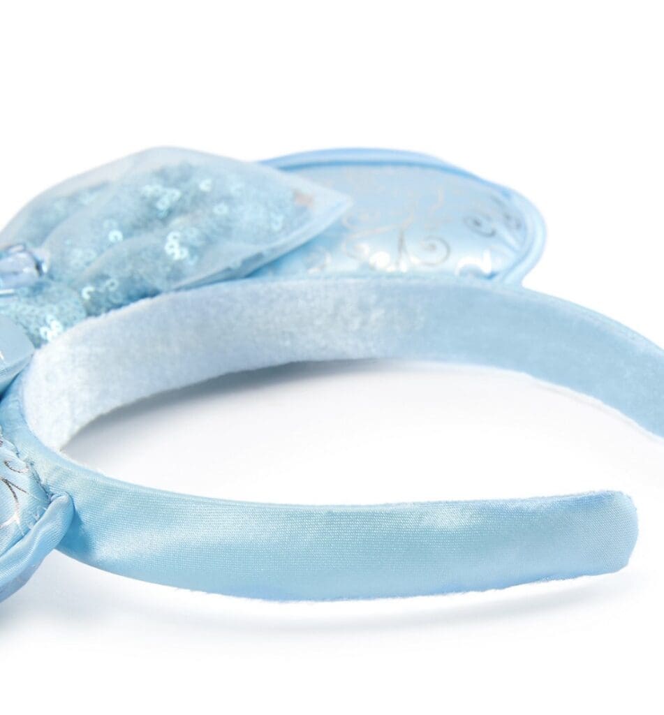 Blue Disney princess headband with sparkly bow and velvet accents.
