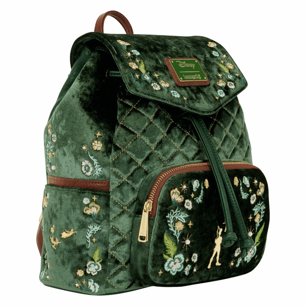 Detailed green velvet Disney backpack with floral embroidery and gold accents.