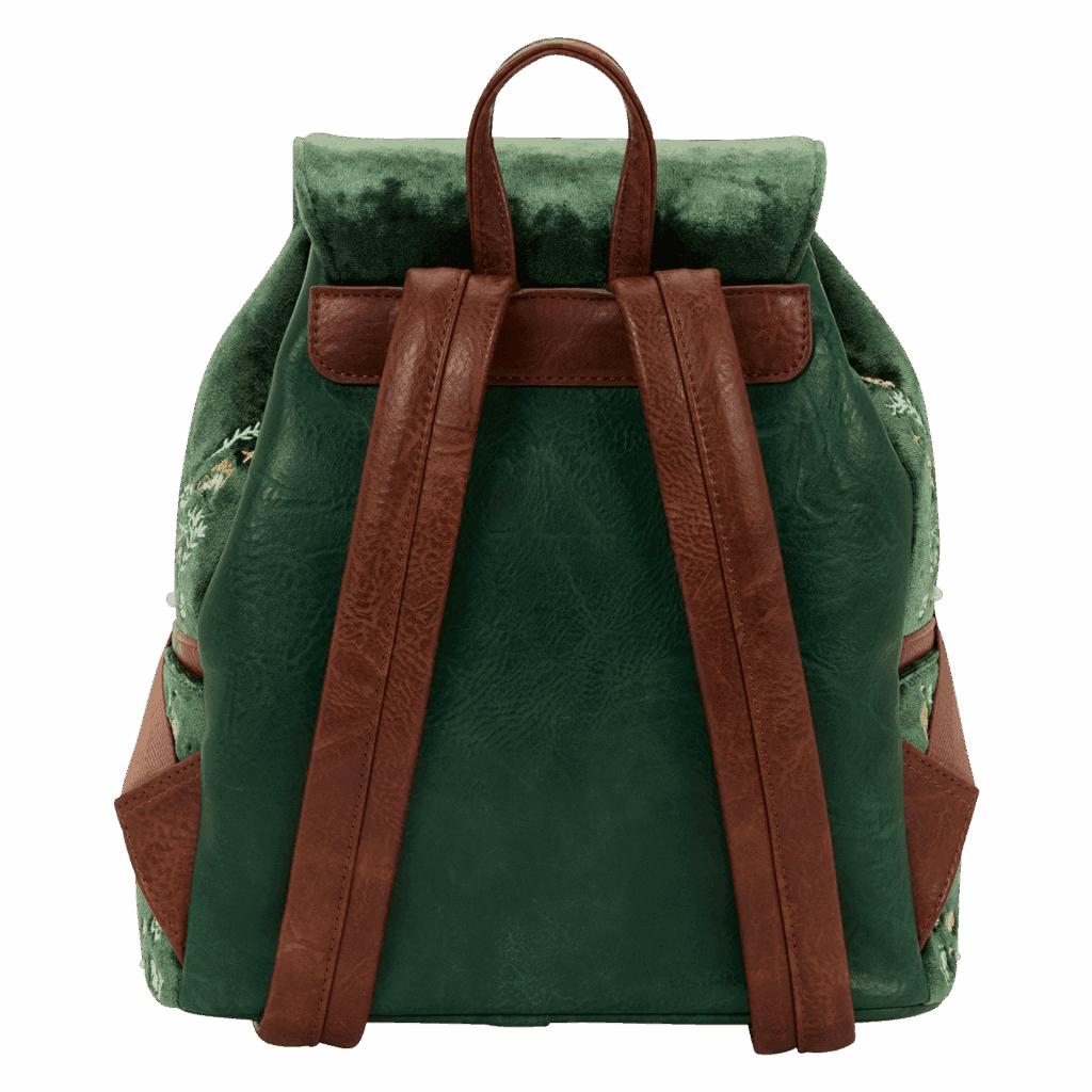 Colorful floral embroidered design backpack with brown leather straps and top handle.