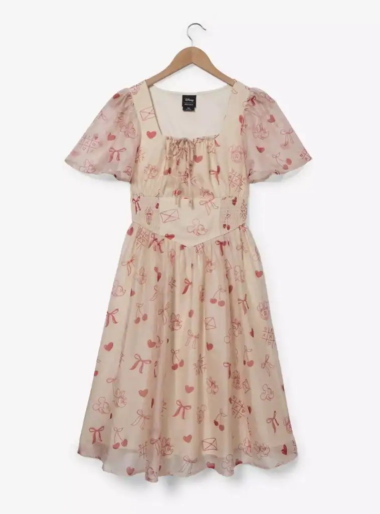 Mickey Mouse vintage-inspired dress with red bow and heart print, perfect for Disney fans.