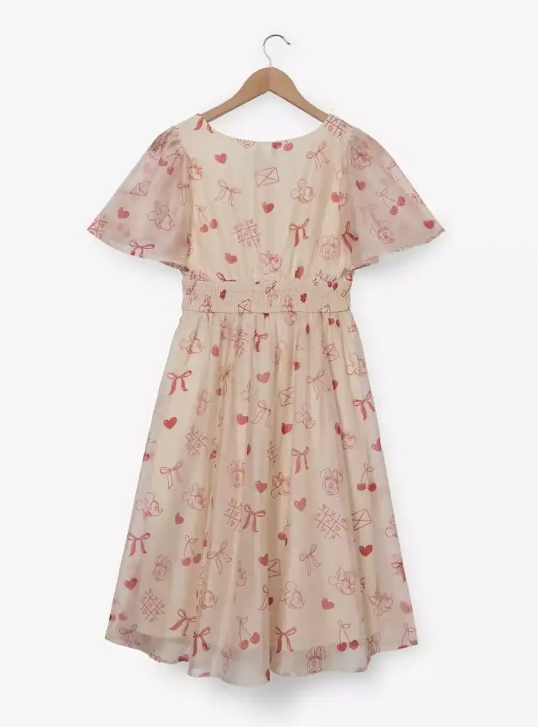 Colorful Disney dress with Minnie Mouse and heart patterns, featuring a cinched waist and flowy fabric.