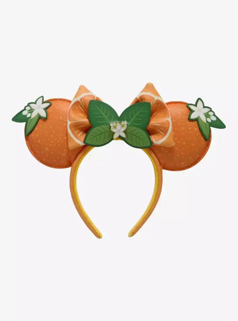 Orange citrus Minnie Mouse ears headband with floral and leaf details for Disney costume fans.