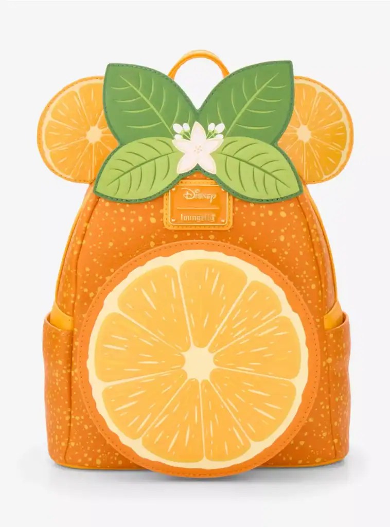 Colorful Disney tangerine character backpack with fruit design and leaf accents. Perfect for Disney fans and playful fashion statements.