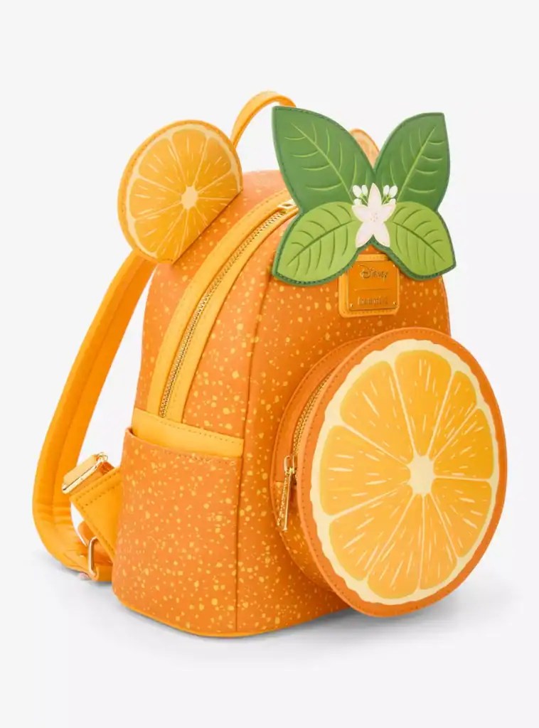 Colorful Disney-inspired tangerine-themed Mickey Mouse backpack with fruit details.