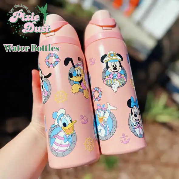 Disney-themed water bottles featuring Mickey, Minnie, Donald, and Daisy with nautical designs.