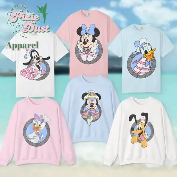Colorful Disney character sweatshirts for kids, featuring Minnie, Pluto, Daisy, and more.