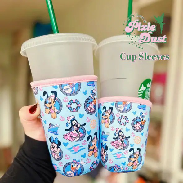 Cute Disney Mickey and Minnie Mouse cup sleeves for Starbucks cups, perfect for Disney fans.
