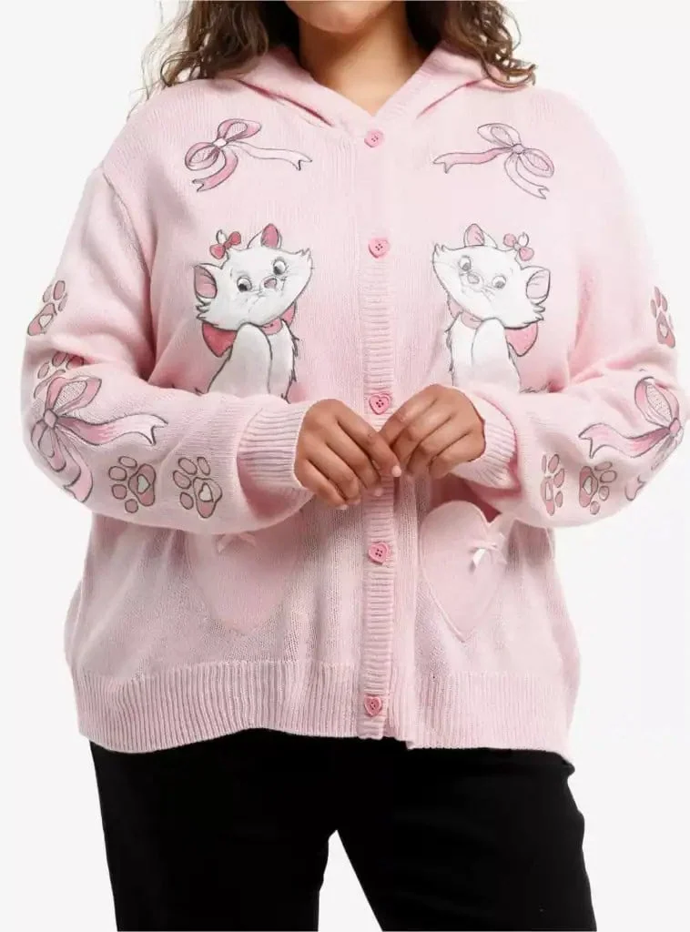 Pink cardigan with Disney cat embroidery and bows, perfect for Disney fans and cozy fashion.