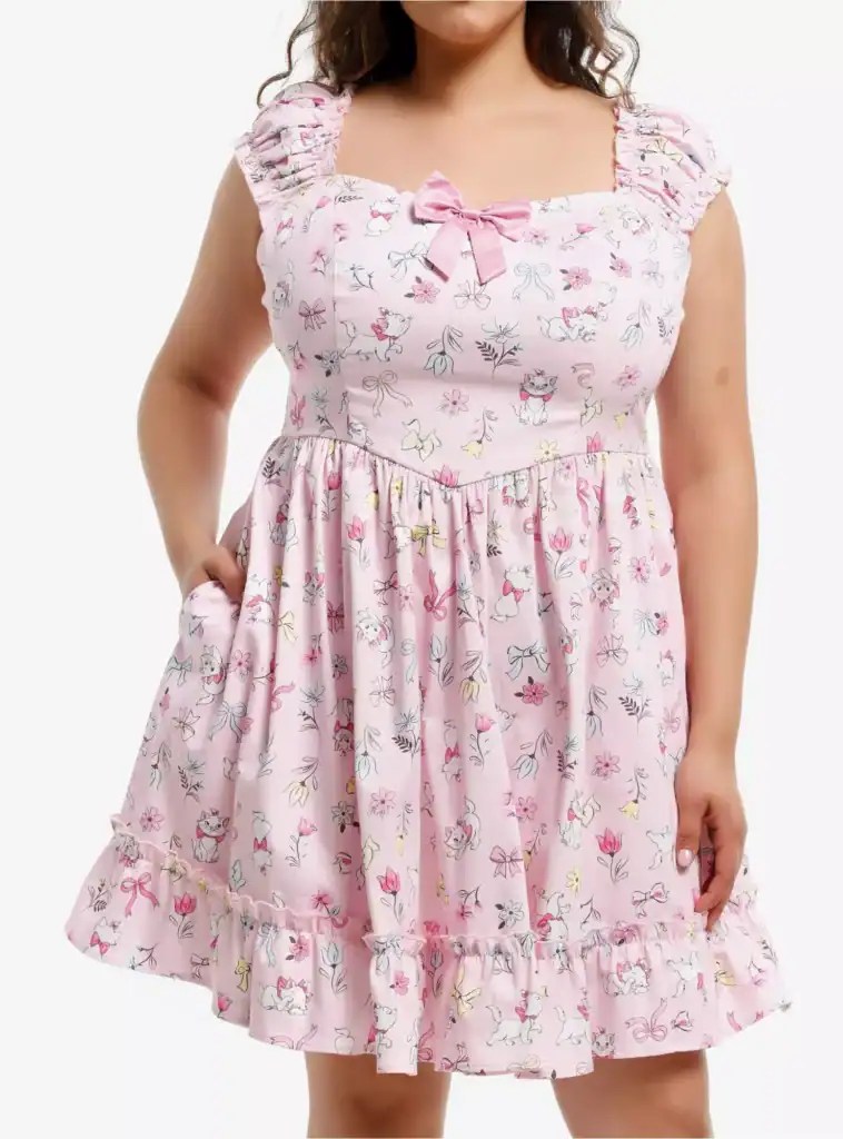 Pink dress featuring adorable Disney cats, bows, and floral patterns, perfect for women.