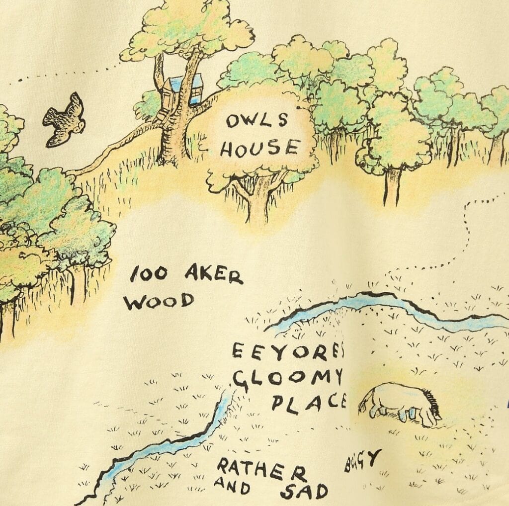 Colorful cartoon forest drawing with trees, owl house, and a small bear in a sad, gloomy place.