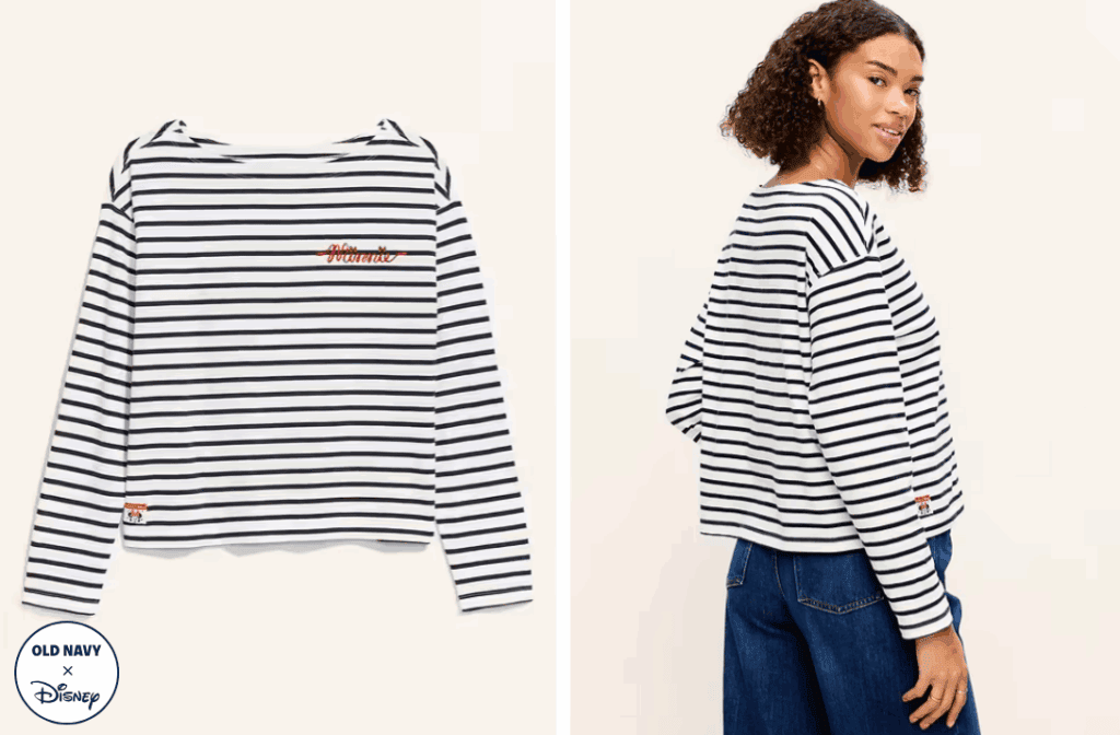 Casual black and white striped Disney hoodie for women, featuring Mickey Mouse embroidery. Perfect for Disney fashion lovers.