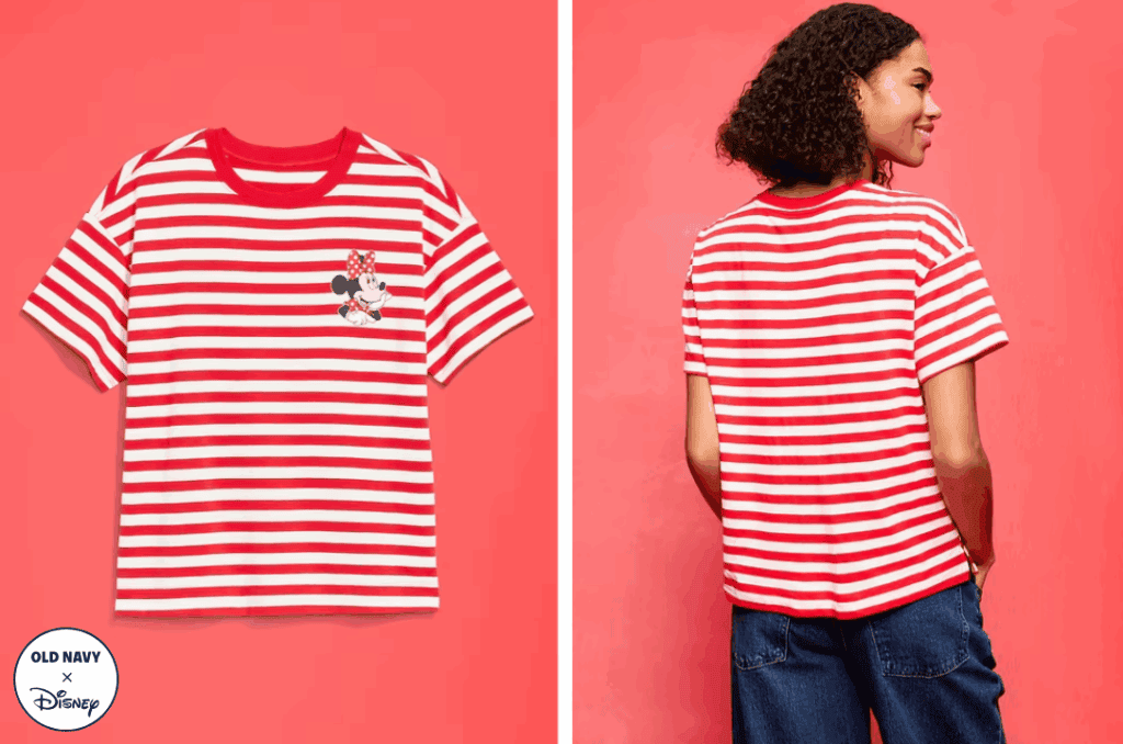 Red and white Minnie Mouse Disney graphic tee.