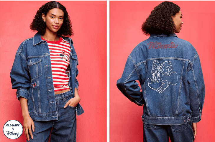 Cute denim jacket featuring Minnie Mouse embroidery on back, perfect Disney fashion statement for women.