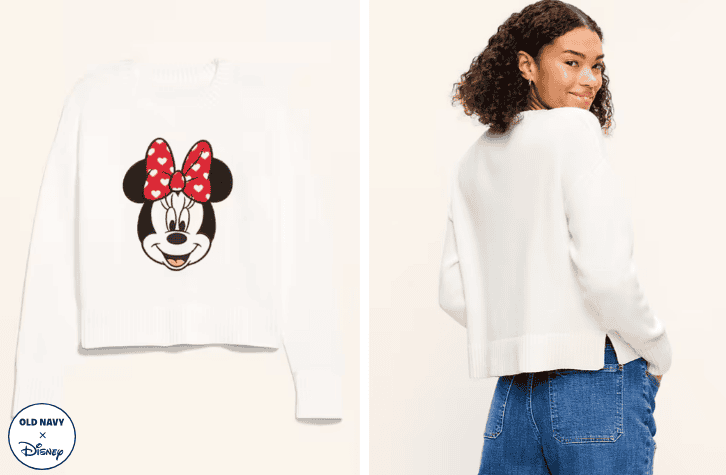 Cute Minnie Mouse sweater with red polka-dot bow, perfect Disney fashion piece.