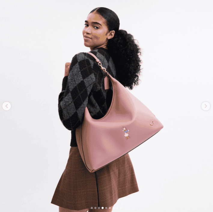 Disney-inspired pink handbag featuring Daisy Duck embroidery, stylish accessory for Disney fans.