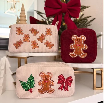 Brightly embroidered holiday-themed Disney pouches for stylish seasonal accessories.