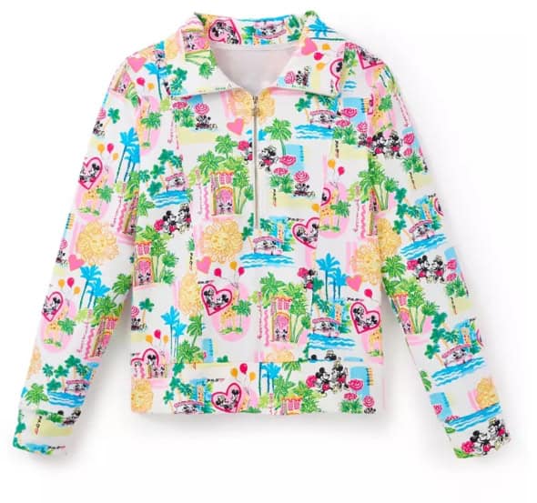 Colorful Disney-inspired island pattern sweatshirt with Mickey and Minnie, palm trees, and hearts.