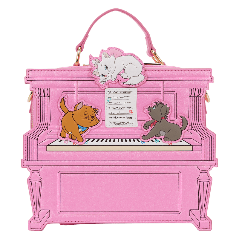 Whimsical pink Disney piano-shaped handbag with cute animated animal characters, perfect for Disney fashion fans.